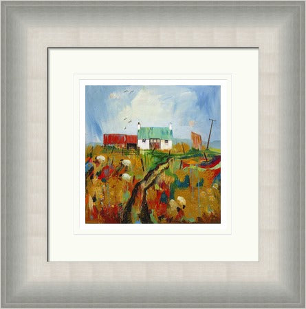 Auld Acquaintance by Ann Vastano framed wall art print showing a rural cottage with a green roof, sheep, weathered fencing and warm Highland fields