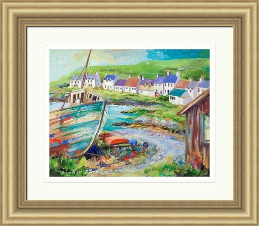 Boatyard, Portnahaven by Ann Vastano framed wall art print showing a fishing boat, rocky shoreline and white village cottages on Islay