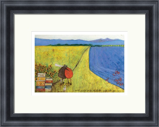 I Would Walk to the End of the World with You by Sam Toft framed wall art print featuring a devoted couple and faithful dog walking together on a long journey, shown in Black frame