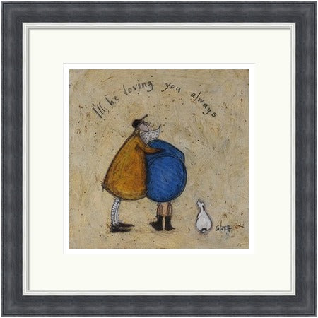 I'll Be Loving You Always by Sam Toft framed wall art print featuring a devoted couple and faithful dog sharing a promise of lasting love, shown in Grey with Silver trim frame