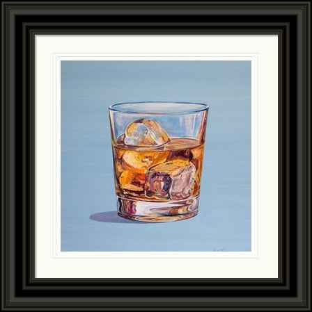 Make Mine a Double by Scott McGregor framed wall art print showing a generous whisky and ice measure on pale blue