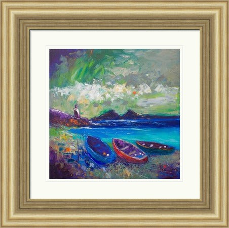 Big Storm Over The Loch Indaal Light, Islay by John Lowrie Morrison Jolomo framed wall art print featuring a coastal light and open sea with water, reflections and coastal light around Loch Indaal, Islay