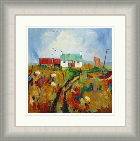 Auld Acquaintance by Ann Vastano framed wall art print showing a rural cottage with a green roof, sheep, weathered fencing and warm Highland fields