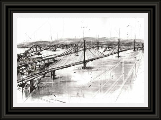 The Three Bridges by Liana Moran framed wall art print featuring The Three Bridges over the Forth in architectural detail