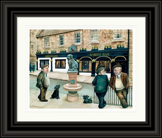 Greyfriar's Bobby, Edinburgh by Scott McGregor framed wall art print showing the Bobby statue, pub regulars and dogs in Edinburgh
