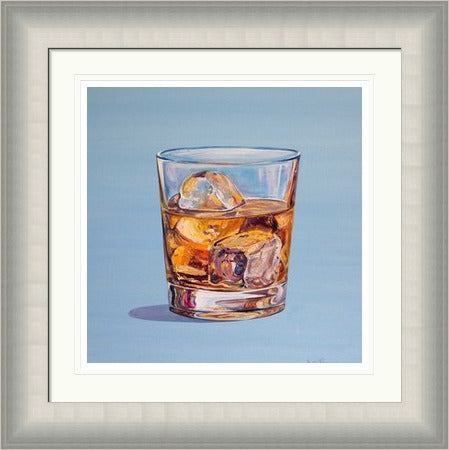 Make Mine a Double by Scott McGregor framed wall art print showing a generous whisky and ice measure on pale blue