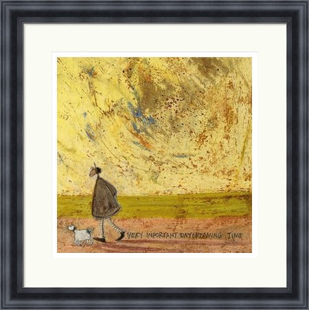 Very Important Daydreaming Time by Sam Toft framed wall art print featuring a whimsical figure and dog pausing for important daydreaming time, shown in Black frame