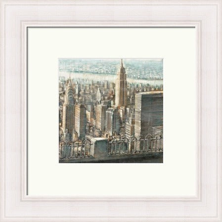 City View of Manhattan by Matthew Daniels framed wall art print showing a Manhattan city view with layered New York buildings and skyline sketch detail