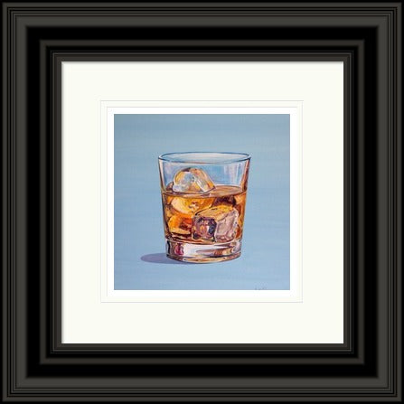 Make Mine a Double by Scott McGregor framed wall art print showing a generous whisky and ice measure on pale blue