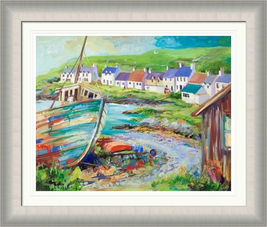 Boatyard, Portnahaven by Ann Vastano framed wall art print showing a fishing boat, rocky shoreline and white village cottages on Islay
