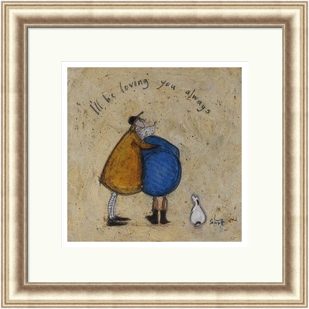 I'll Be Loving You Always by Sam Toft framed wall art print featuring a devoted couple and faithful dog sharing a promise of lasting love, shown in Gold frame