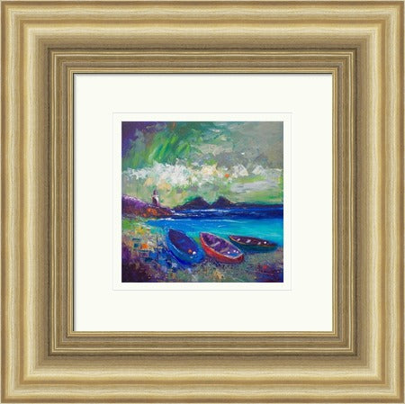 Big Storm Over The Loch Indaal Light, Islay by John Lowrie Morrison Jolomo framed wall art print featuring a coastal light and open sea with water, reflections and coastal light around Loch Indaal, Islay