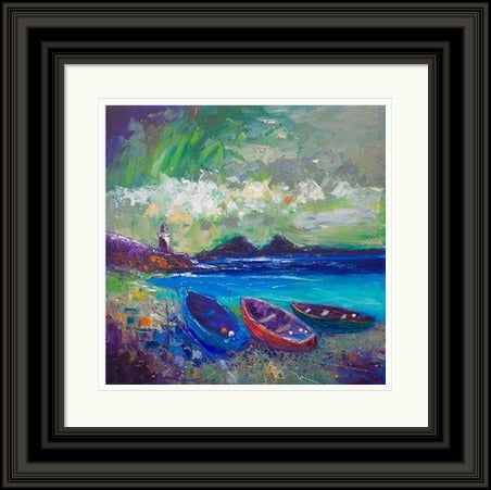 Big Storm Over The Loch Indaal Light, Islay by John Lowrie Morrison Jolomo framed wall art print featuring a coastal light and open sea with water, reflections and coastal light around Loch Indaal, Islay