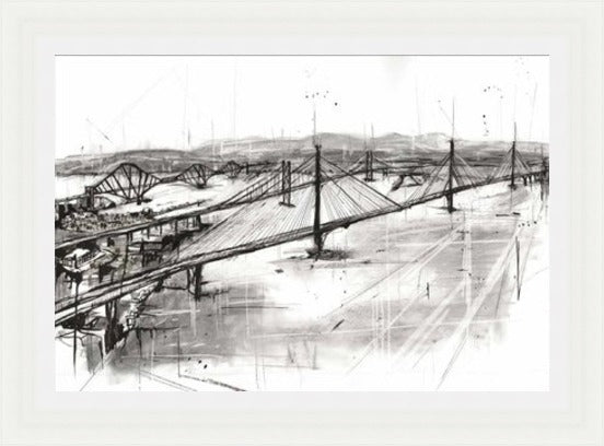 The Three Bridges by Liana Moran framed wall art print featuring The Three Bridges over the Forth in architectural detail