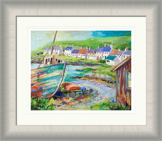 Boatyard, Portnahaven by Ann Vastano framed wall art print showing a fishing boat, rocky shoreline and white village cottages on Islay