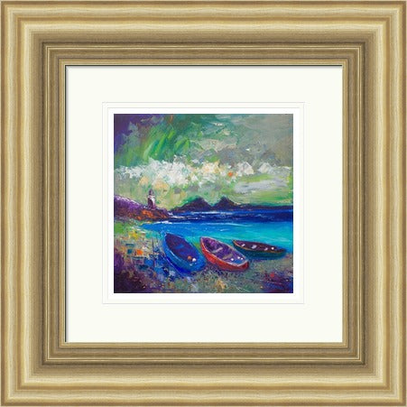 Big Storm Over The Loch Indaal Light, Islay by John Lowrie Morrison Jolomo framed wall art print featuring a coastal light and open sea with water, reflections and coastal light around Loch Indaal, Islay