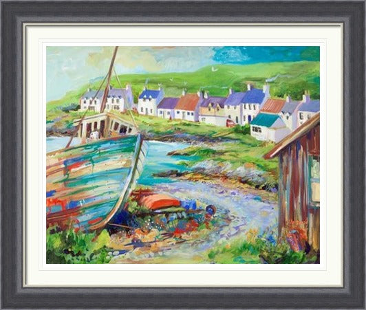 Boatyard, Portnahaven by Ann Vastano framed wall art print showing a fishing boat, rocky shoreline and white village cottages on Islay