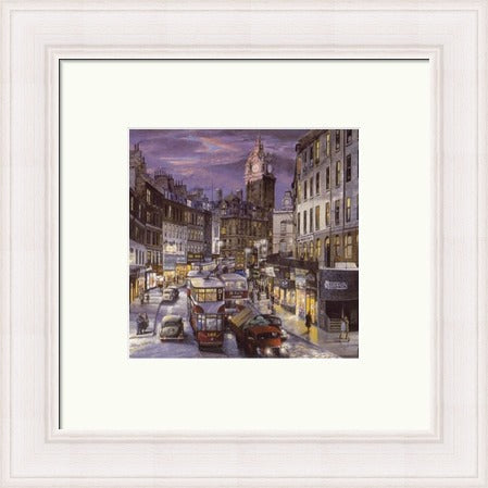 Rush Hour on Leith Street by John M Boyd framed wall art print showing a nostalgic Edinburgh Leith Street scene with rush hour traffic, pedestrians and old city buildings