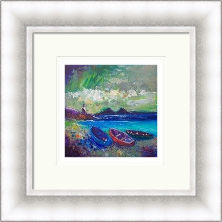 Big Storm Over The Loch Indaal Light, Islay by John Lowrie Morrison Jolomo framed wall art print featuring a coastal light and open sea with water, reflections and coastal light around Loch Indaal, Islay