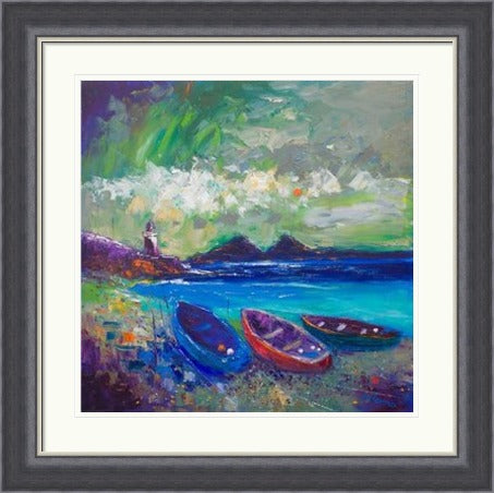Big Storm Over The Loch Indaal Light, Islay by John Lowrie Morrison Jolomo framed wall art print featuring a coastal light and open sea with water, reflections and coastal light around Loch Indaal, Islay