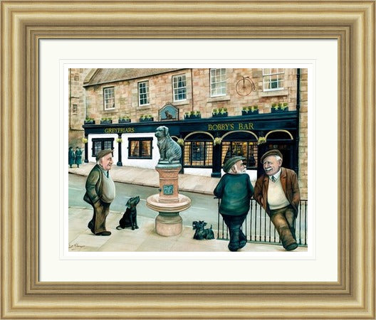 Greyfriar's Bobby, Edinburgh by Scott McGregor framed wall art print showing the Bobby statue, pub regulars and dogs in Edinburgh