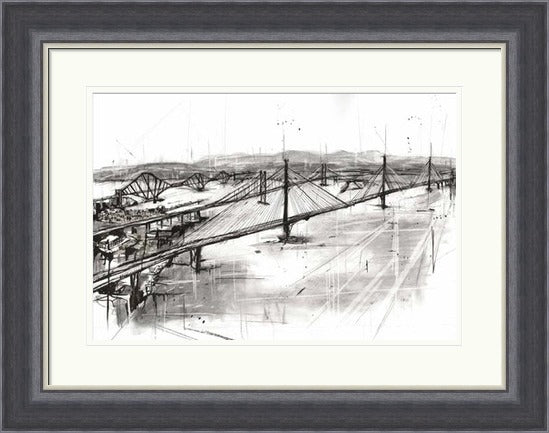 The Three Bridges by Liana Moran framed wall art print featuring The Three Bridges over the Forth in architectural detail