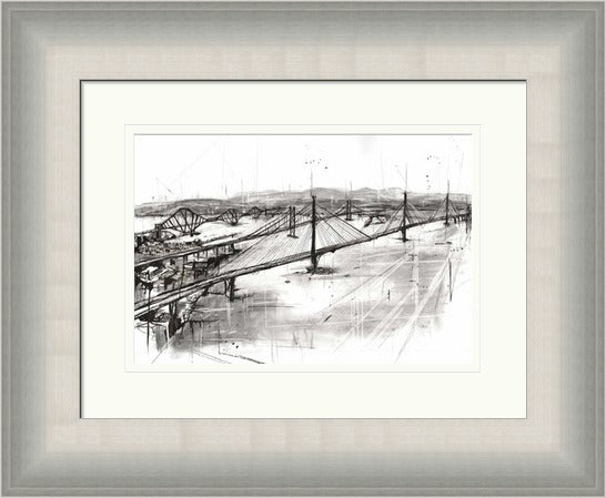 The Three Bridges by Liana Moran framed wall art print featuring The Three Bridges over the Forth in architectural detail