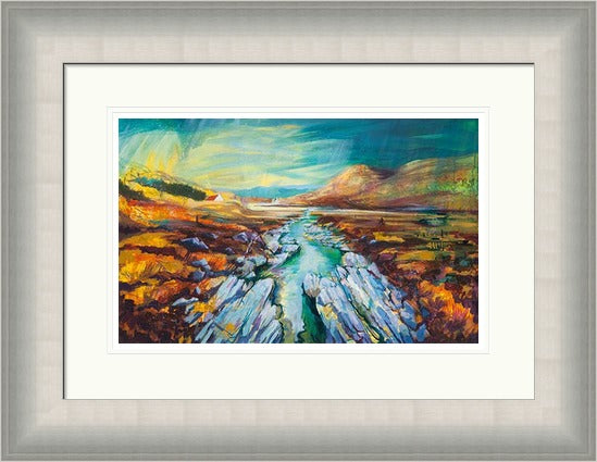 Glen Feshie by Ann Vastano framed wall art print showing a Highland stream, rocky banks, autumn moorland and distant hills