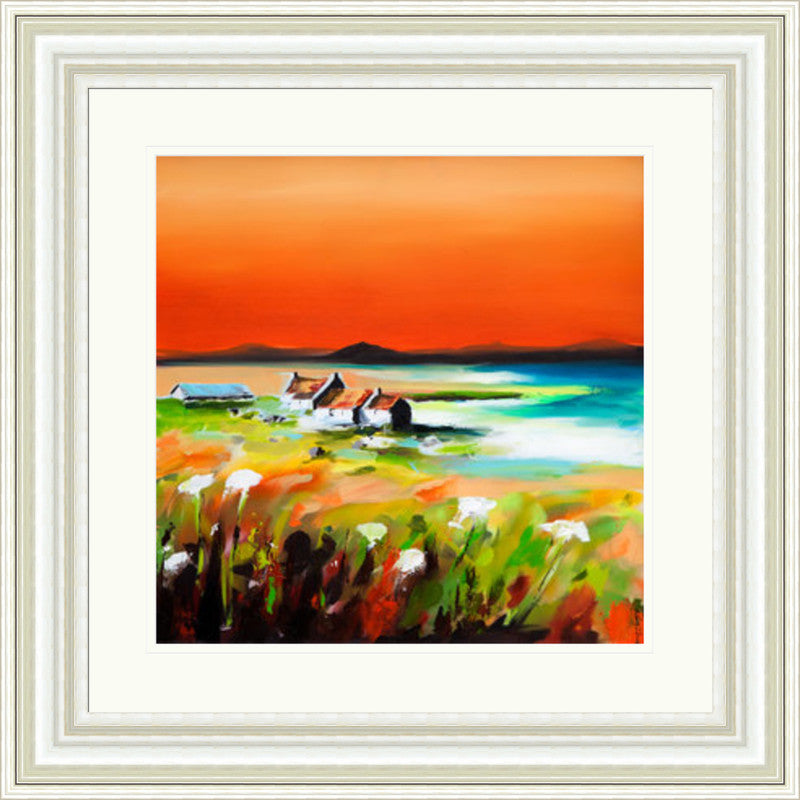 Shepherd's Delight, Iona by Garry Brander framed wall art print featuring an Iona island scene with croft and bothy character set within a coastal landscape