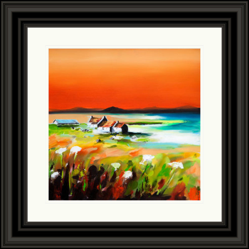 Shepherd's Delight, Iona by Garry Brander framed wall art print featuring an Iona island scene with croft and bothy character set within a coastal landscape