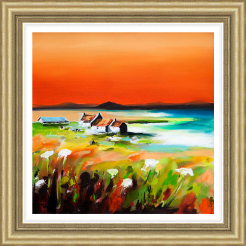 Shepherd's Delight, Iona by Garry Brander framed wall art print featuring an Iona island scene with croft and bothy character set within a coastal landscape
