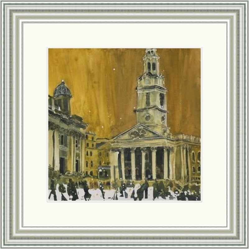 Church on the Square London by Susan Brown framed wall art print featuring a classical church, tall spire and city figures beneath a warm ochre sky, shown in Champagne Silver Shallow Scoop frame