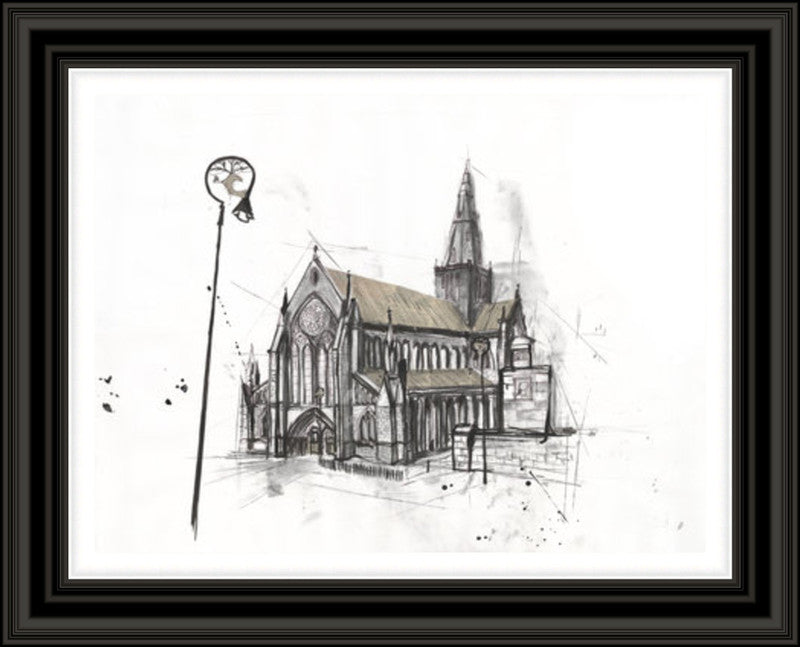 Glasgow Cathedral by Liana Moran framed wall art print featuring Glasgow Cathedral Gothic architecture in detailed monochrome
