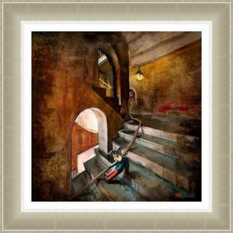 Down the Stairs (Glasgow School of Art) by Matylda Konecka framed wall art print inspired by the Glasgow School of Art, with a dramatic stairway and architectural mood