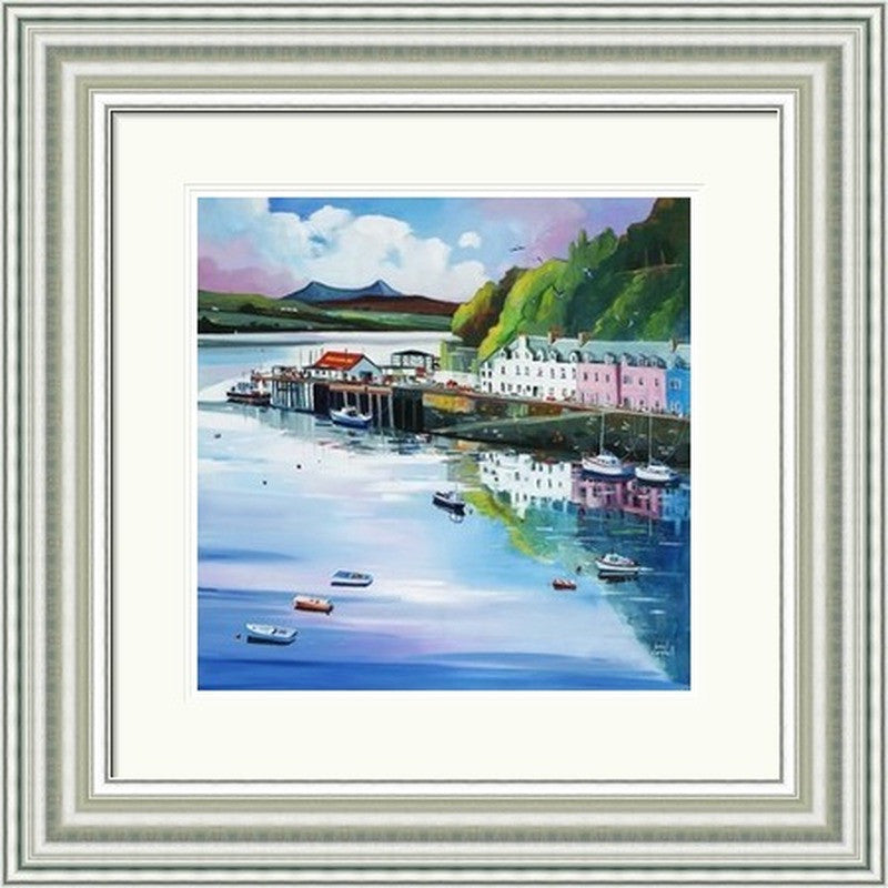 The Pink House, Portree by Daniel Campbell framed wall art print featuring Portree with a distinctive pink house adding a bright focal point to the harbour-side setting