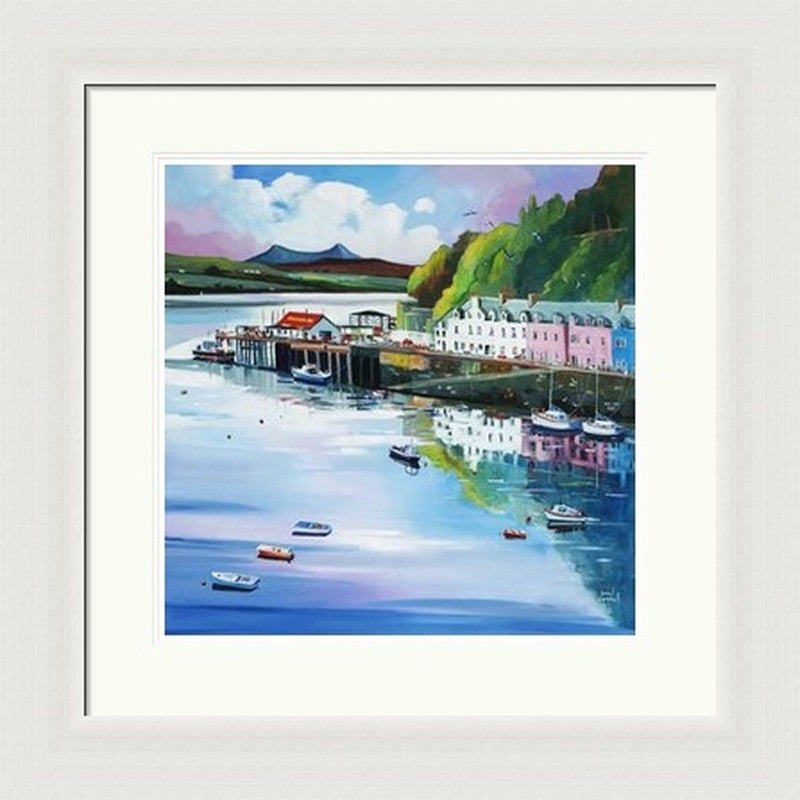 The Pink House, Portree by Daniel Campbell framed wall art print featuring Portree with a distinctive pink house adding a bright focal point to the harbour-side setting