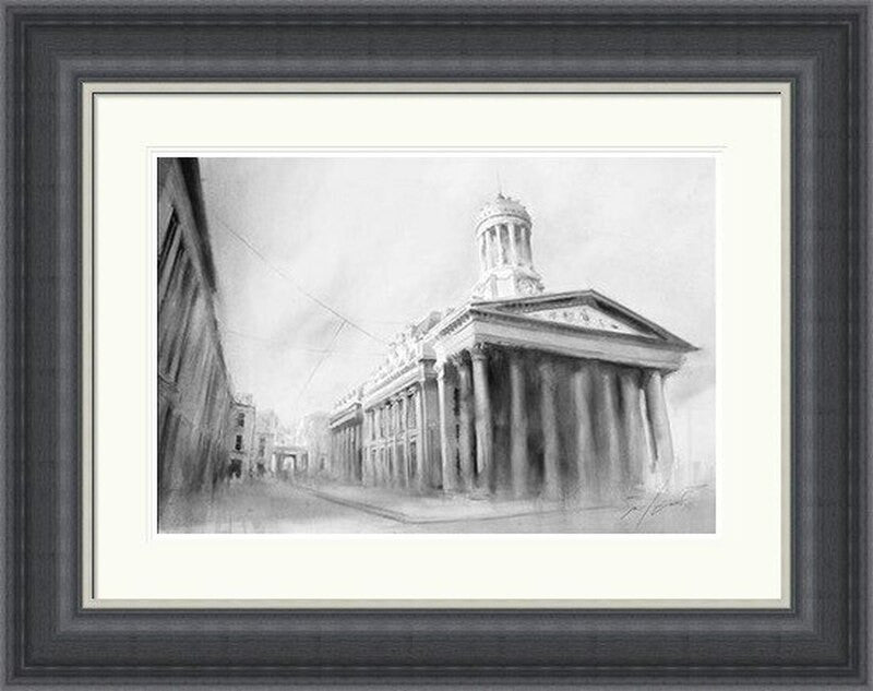 Royal Exchange Square by Ismael Pinteño framed wall art print featuring soft Glasgow cityscape of Royal Exchange Square with elegant square architecture