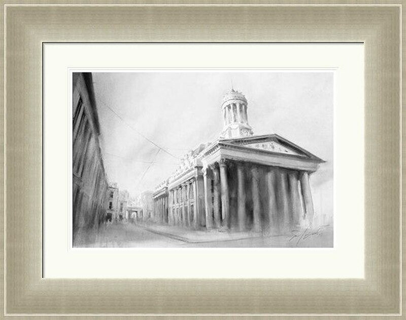 Royal Exchange Square by Ismael Pinteño framed wall art print featuring soft Glasgow cityscape of Royal Exchange Square with elegant square architecture