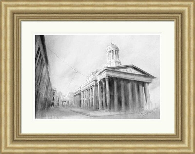 Royal Exchange Square by Ismael Pinteño framed wall art print featuring soft Glasgow cityscape of Royal Exchange Square with elegant square architecture