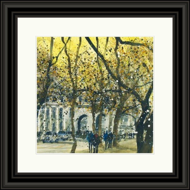 Admiralty Arch The Mall London by Susan Brown framed wall art print featuring golden autumn trees, city figures and Admiralty Arch in the distance, shown in Black Shallow Scoop frame