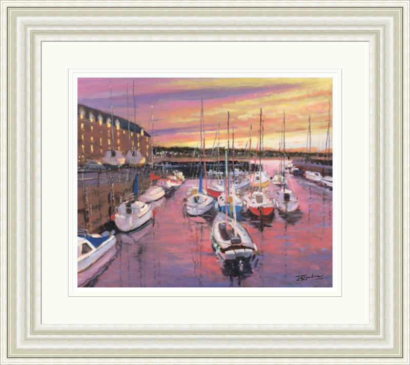 Harbour Sunset, North Berwick by James Somerville Lindsay framed wall art print showing North Berwick harbour at sunset, with warm light settling over the coastal setting