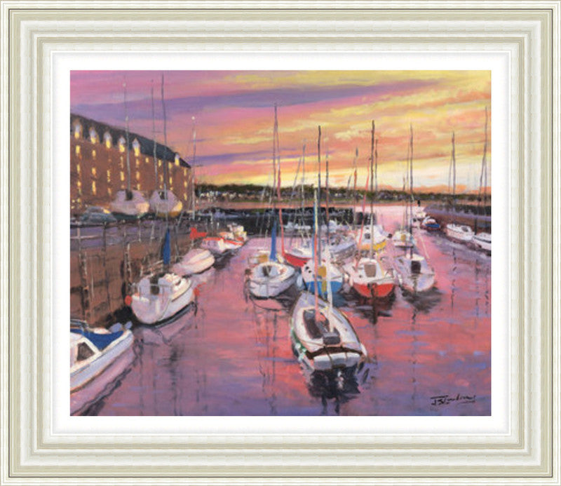 Harbour Sunset, North Berwick by James Somerville Lindsay framed wall art print showing North Berwick harbour at sunset, with warm light settling over the coastal setting
