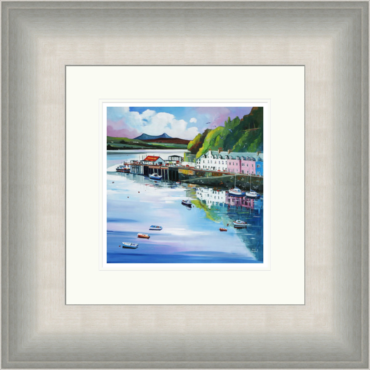 The Pink House, Portree by Daniel Campbell framed wall art print featuring Portree with a distinctive pink house adding a bright focal point to the harbour-side setting
