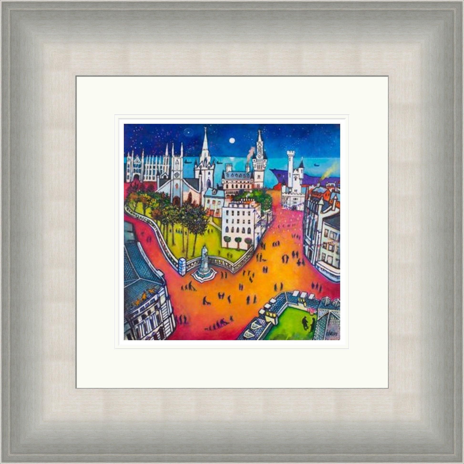 Union Street Aberdeen by Rob Hain framed wall art print featuring a lively Aberdeen Union Street scene with city architecture, movement and distinctive granite-town atmosphere