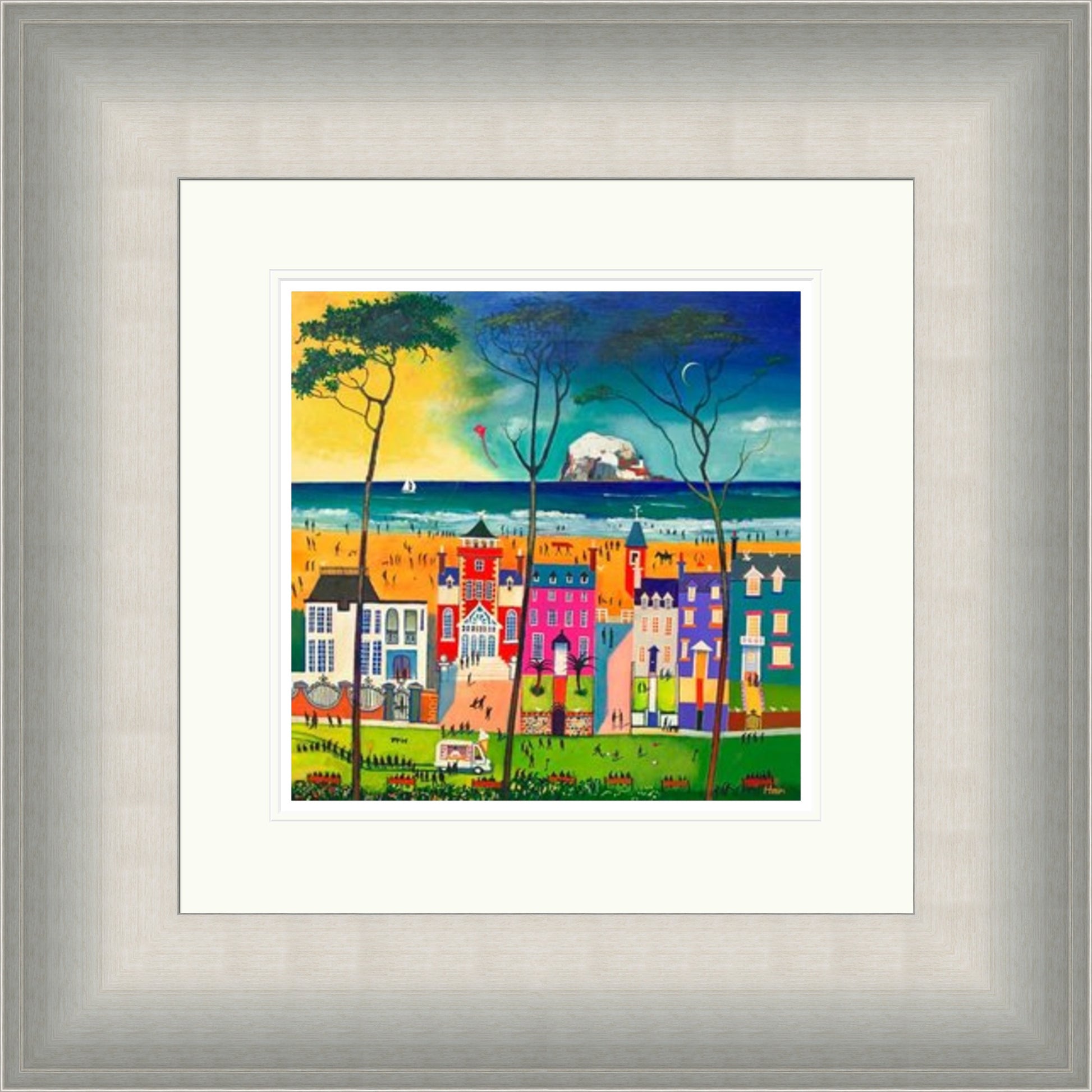 Holidays North Berwick by Rob Hain framed wall art print featuring a North Berwick holiday scene with seaside colour, beach life and relaxed coastal charm