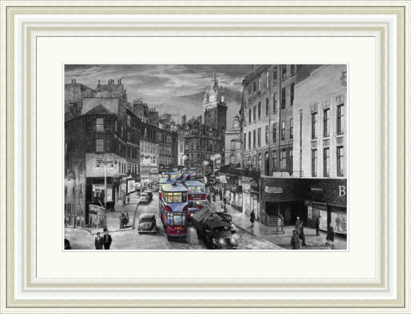 Rush Hour Leith Street, Black and White by John M Boyd framed wall art print showing a black and white Leith Street view with busy Edinburgh traffic, pedestrians and tall city buildings