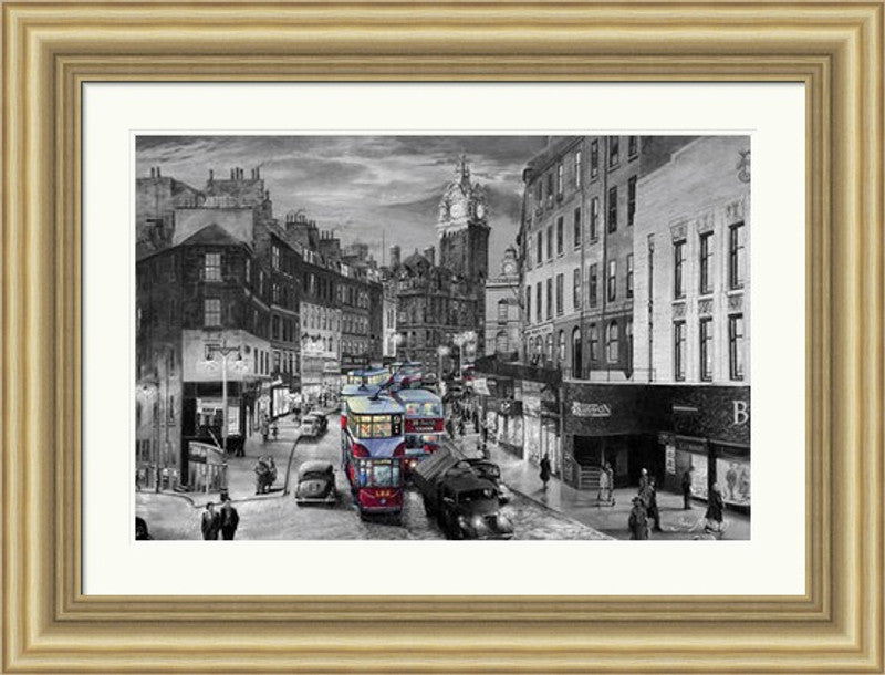 Rush Hour Leith Street, Black and White by John M Boyd framed wall art print showing a black and white Leith Street view with busy Edinburgh traffic, pedestrians and tall city buildings