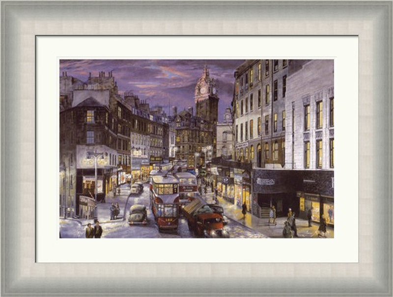 Rush Hour Leith Street, Colour by John M Boyd framed wall art print showing a busy colour view of Leith Street in Edinburgh with traffic, pedestrians, shopfronts and evening city lights