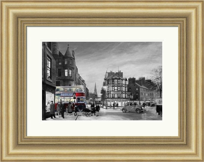 Rush Hour Leith Street, Black and White by John M Boyd framed wall art print showing a black and white Leith Street view with busy Edinburgh traffic, pedestrians and tall city buildings
