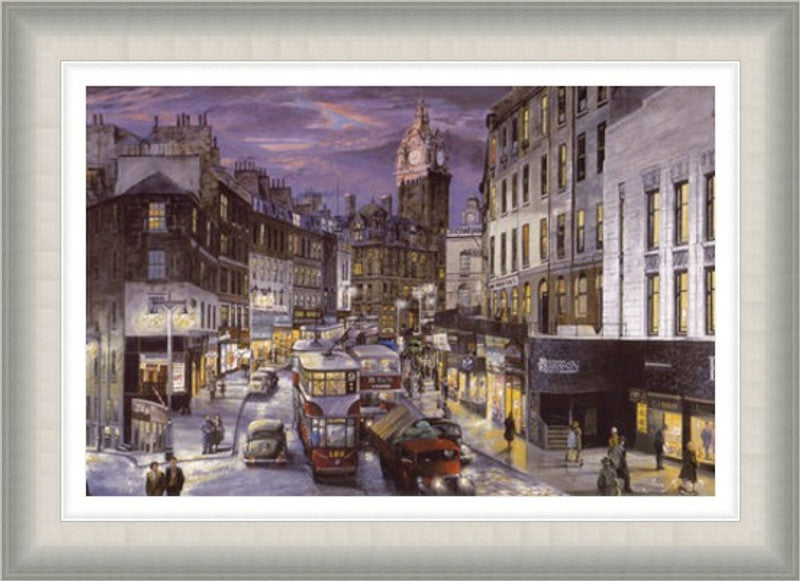 Rush Hour Leith Street, Colour by John M Boyd framed wall art print showing a busy colour view of Leith Street in Edinburgh with traffic, pedestrians, shopfronts and evening city lights